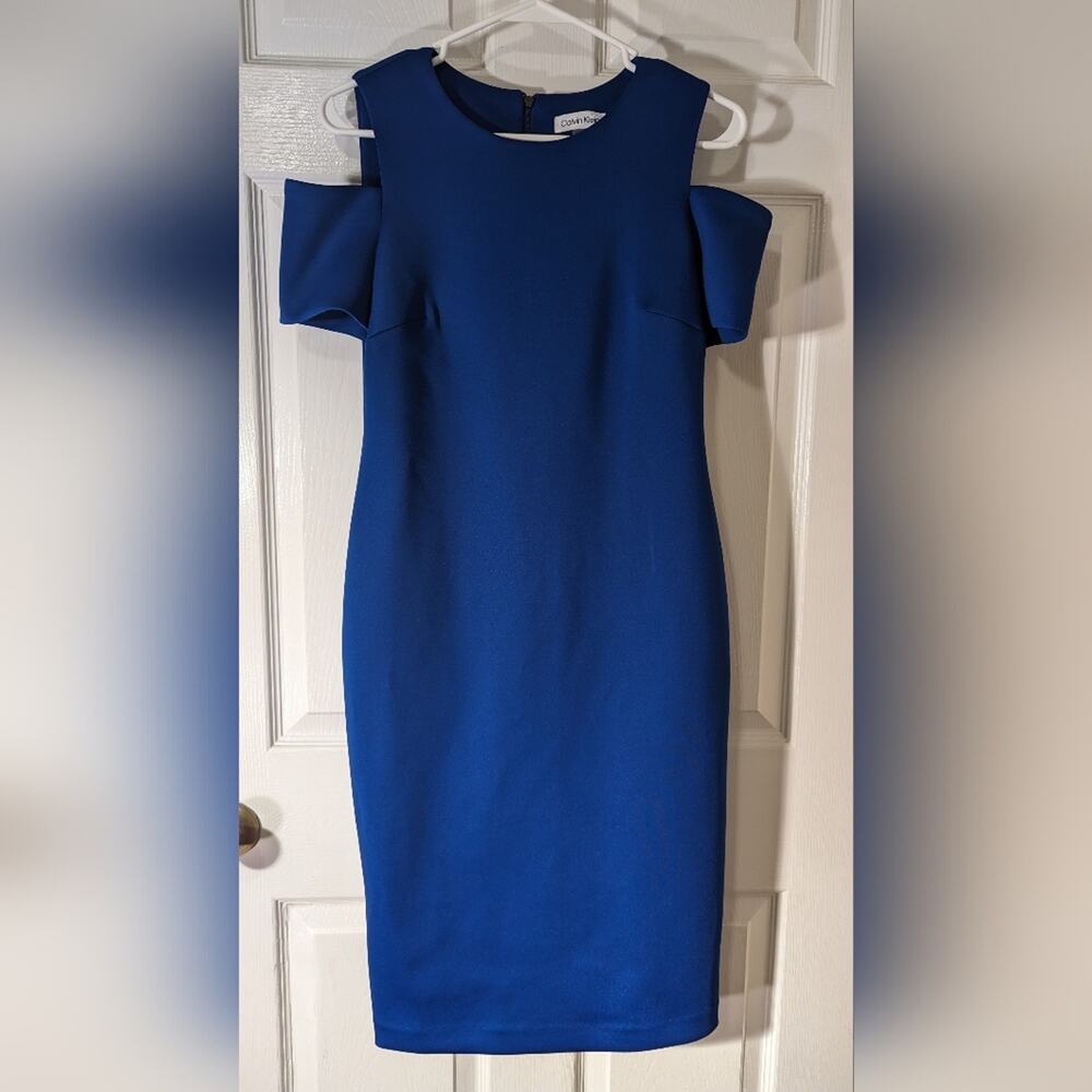 Calvin Klein Womens Solid Blue Ruffle Cold Shoulder Sheath Dress Size 6 NWT